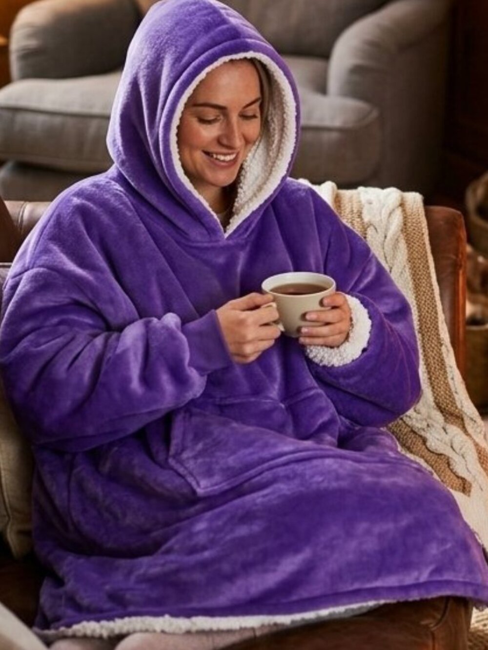 Woman's Oversized Purple Wearable Blanket Hoodie Loungewear Sleepwear Robe Cozy